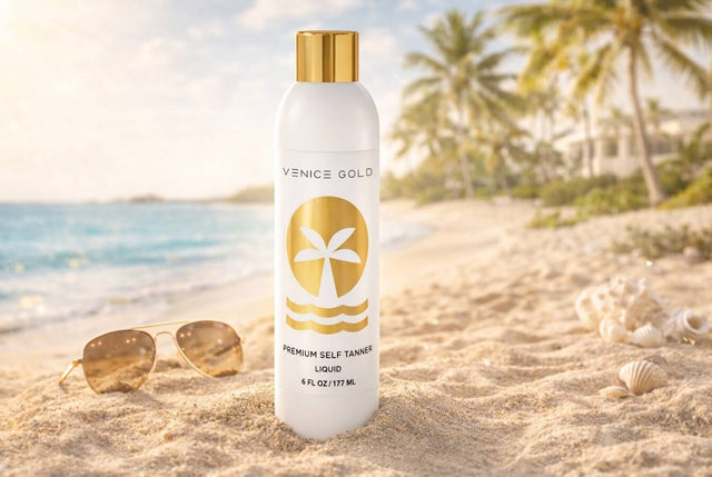 Best self tanner for natural glow Venice Gold premium self tanning liquid bottle on beach