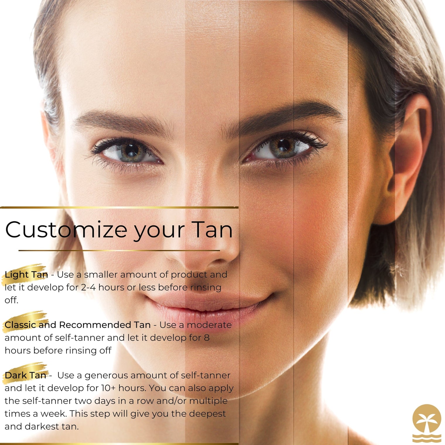 Infographic showing customizable tanning results with Venice Gold Self Tanner, featuring light, classic, and a dark tan option.