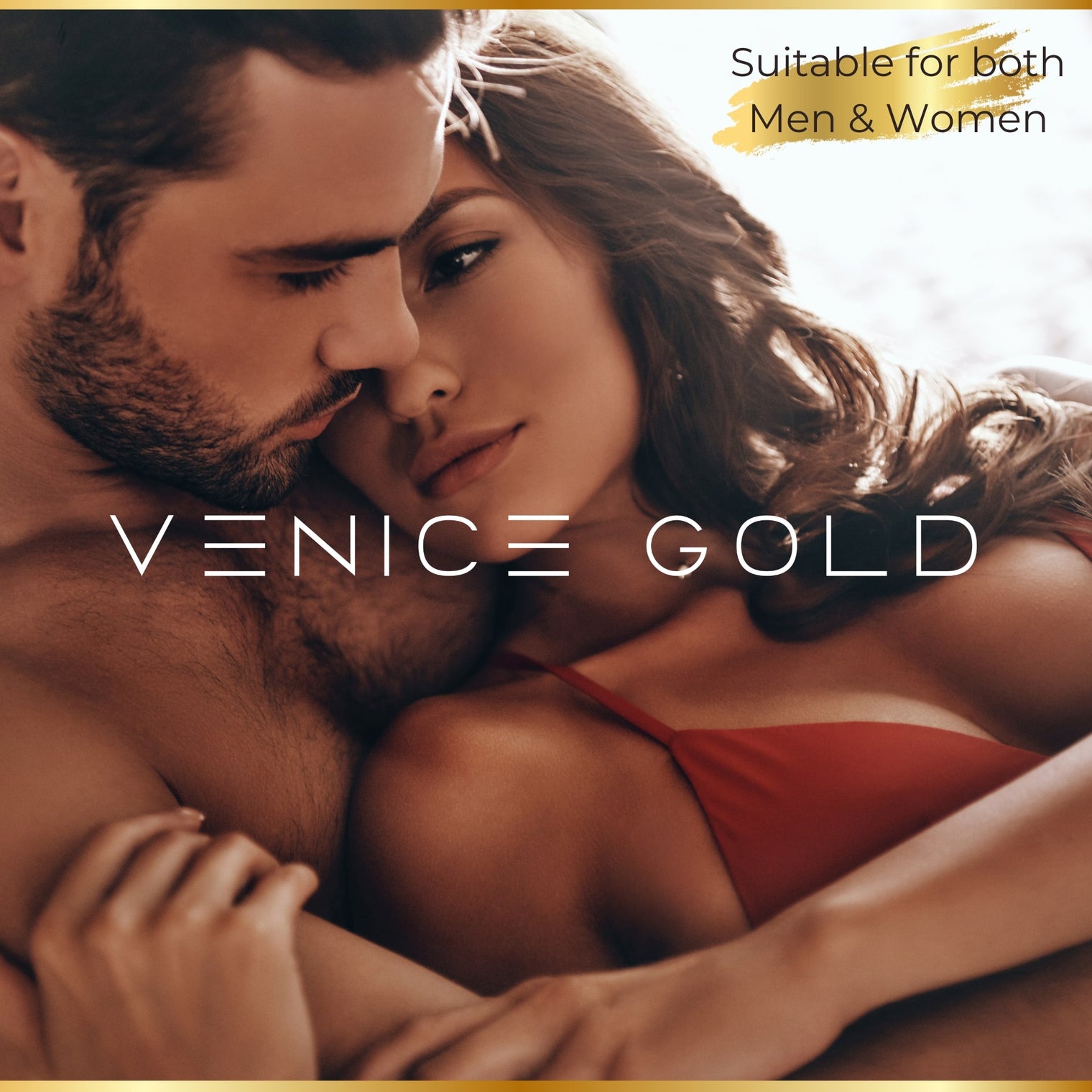 Lifestyle image showing a tan man and woman representing that Venice Gold Self Tanner is suitable for both men and women