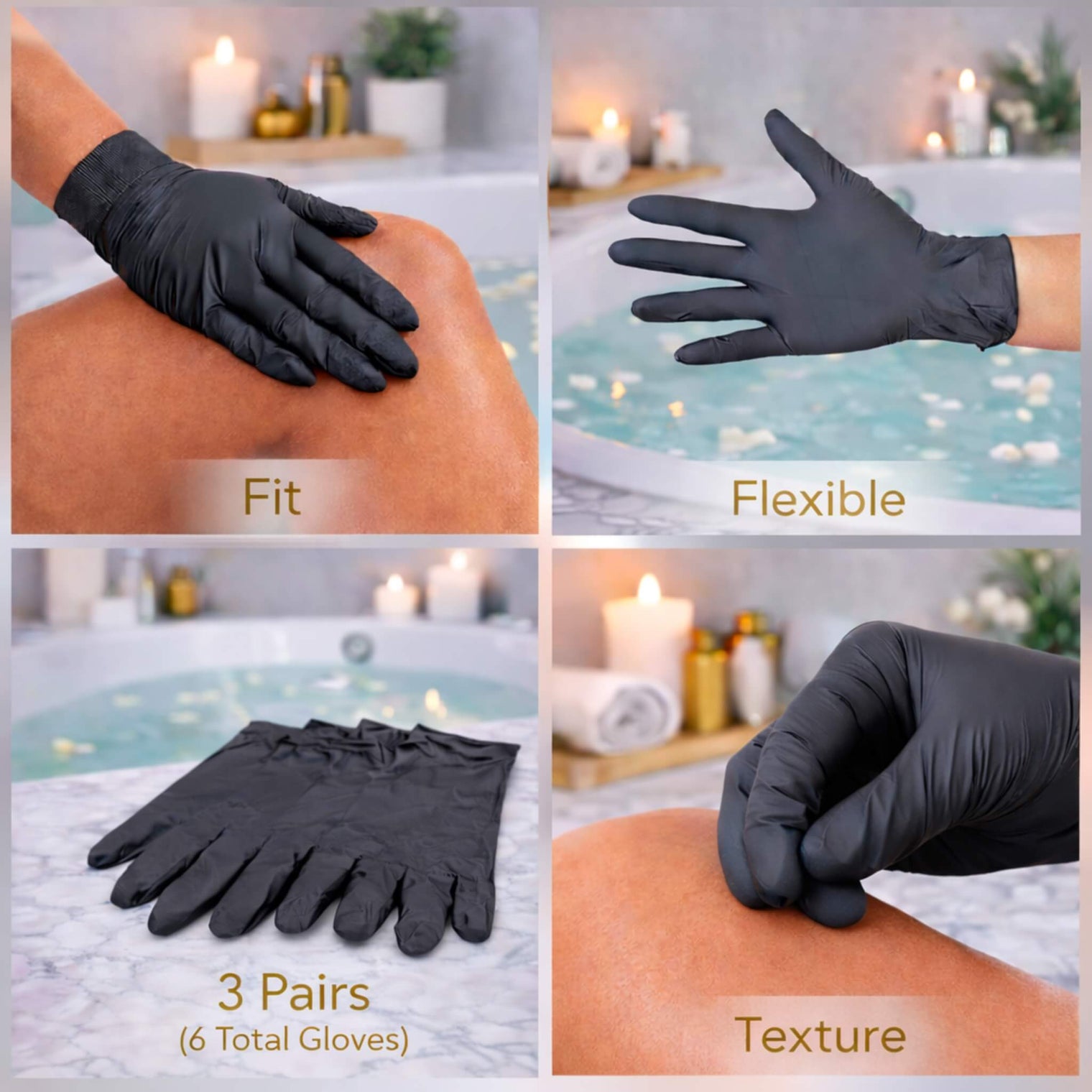 Black nitrile self-tanning gloves shown in a spa setting highlighting fit, flexibility, texture, and 3 pairs (6 total gloves) for mess-free sunless tanning application.