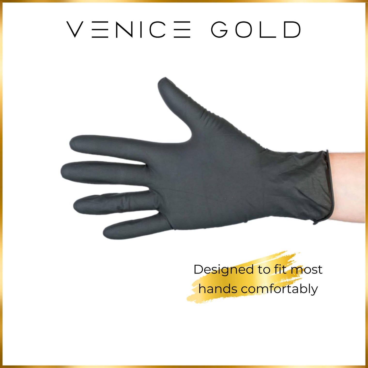 “Black nitrile self-tanning glove designed to fit most hands comfortably, shown on hand against white background.