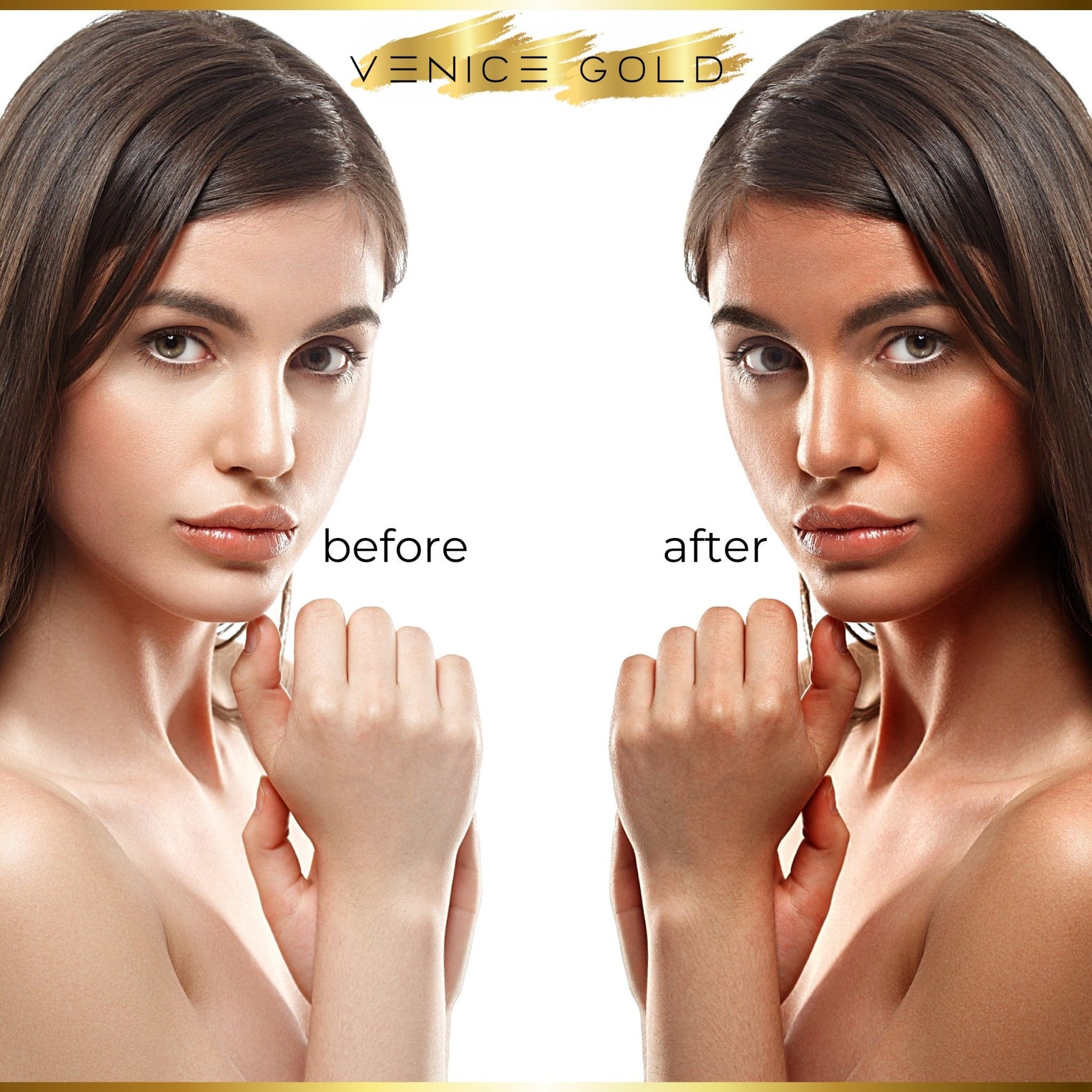 Before and after comparison showing natural-looking tan results after using Venice Gold Premium Self Tanner