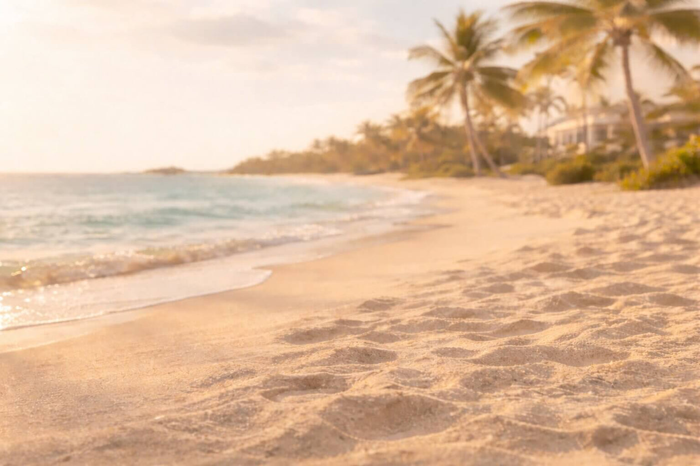 Luxury beach-inspired background with golden sand and soft ocean waves, representing a natural sun-kissed glow for Venice Gold premium self tanner.