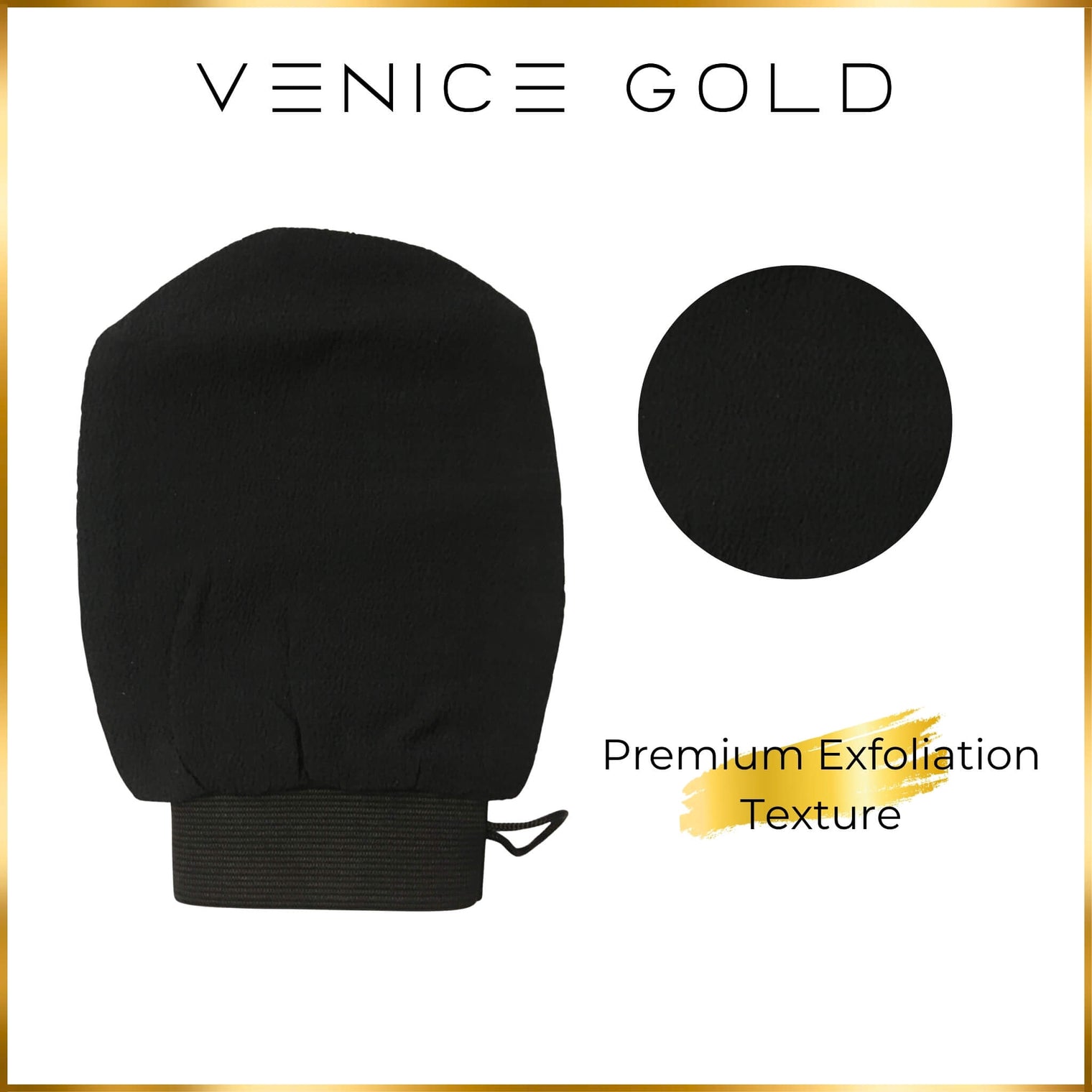 Venice Gold exfoliating mitt with premium exfoliation texture, black body scrub mitt for smooth skin preparation