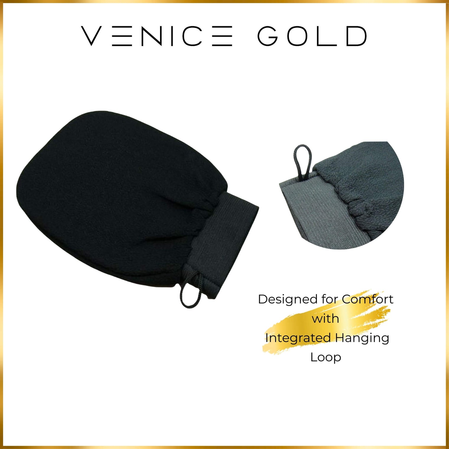 Venice Gold exfoliating mitt designed for comfort with an integrated hanging loop.