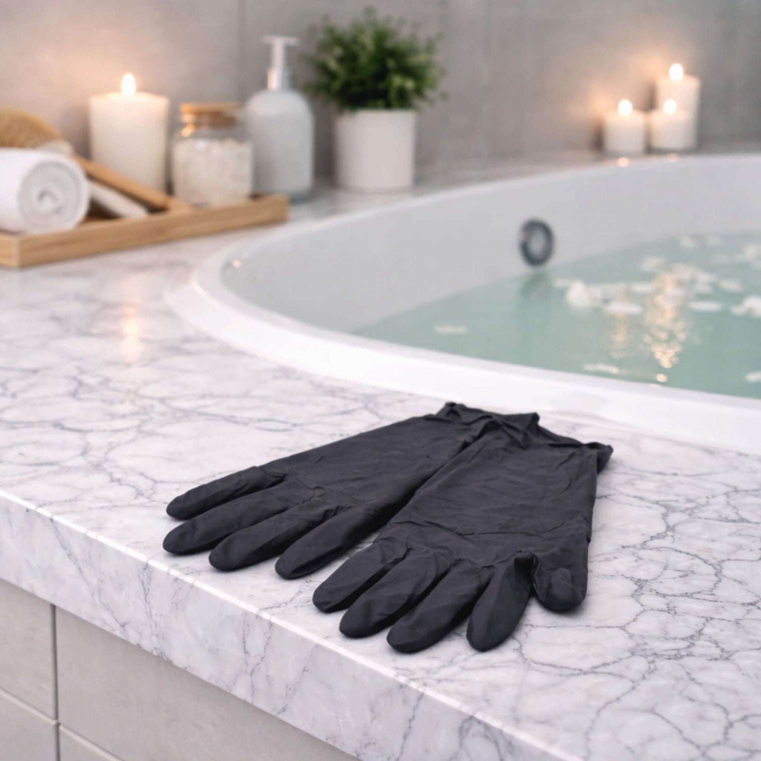 Black nitrile self tanning gloves resting on a marble bathroom counter beside a soaking tub, styled in a luxury spa setting.