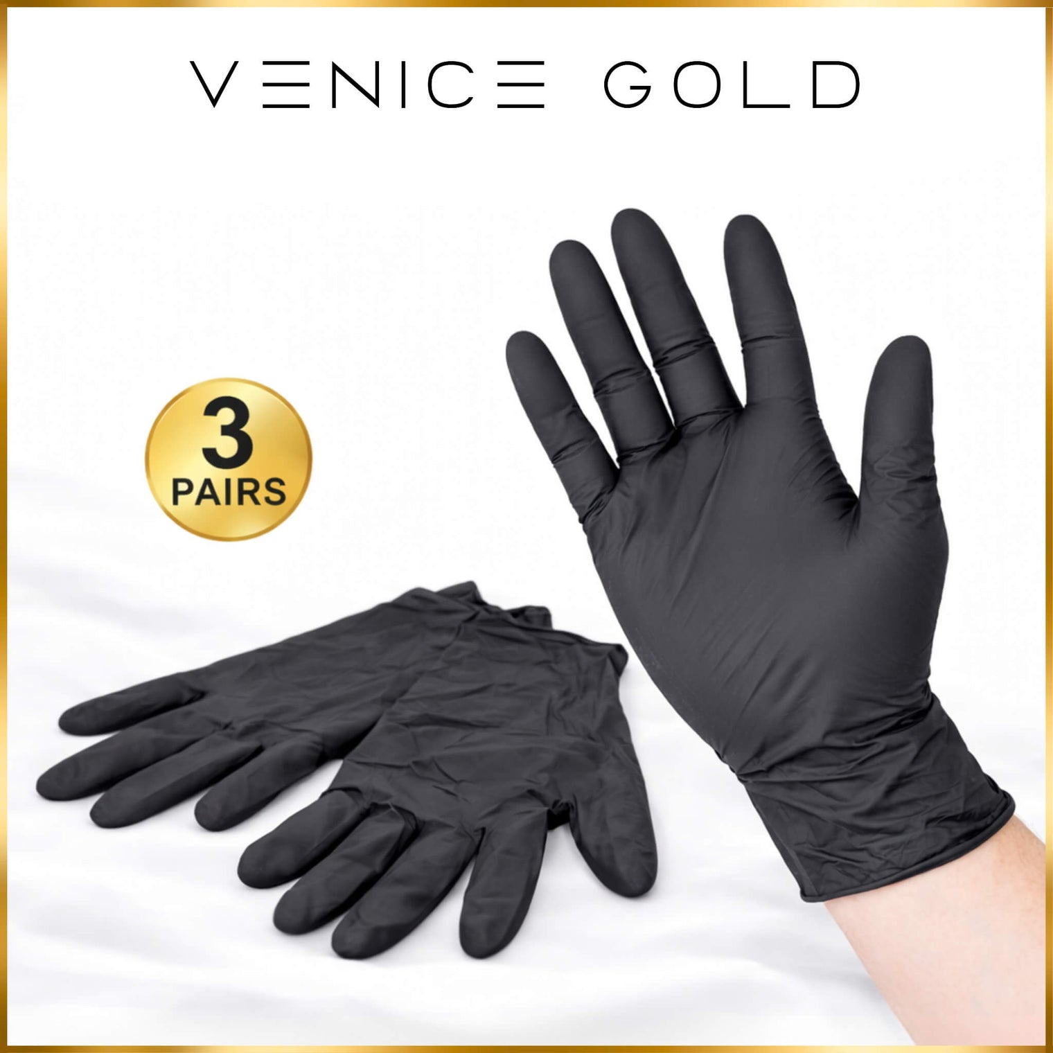 Black gloves with 'Venice Gold' branding and a label indicating 3 pairs on a white background.