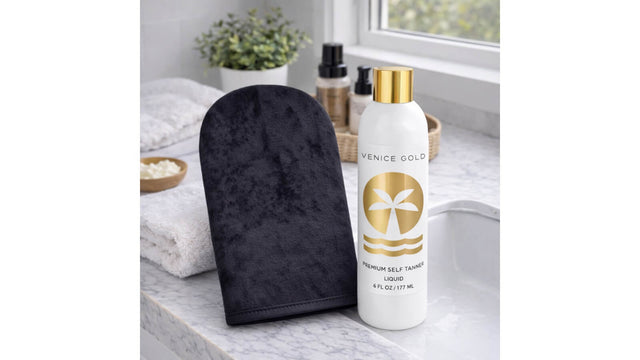 Venice Gold self tanner and tanning applicator mitt for streak free sunless tanning
