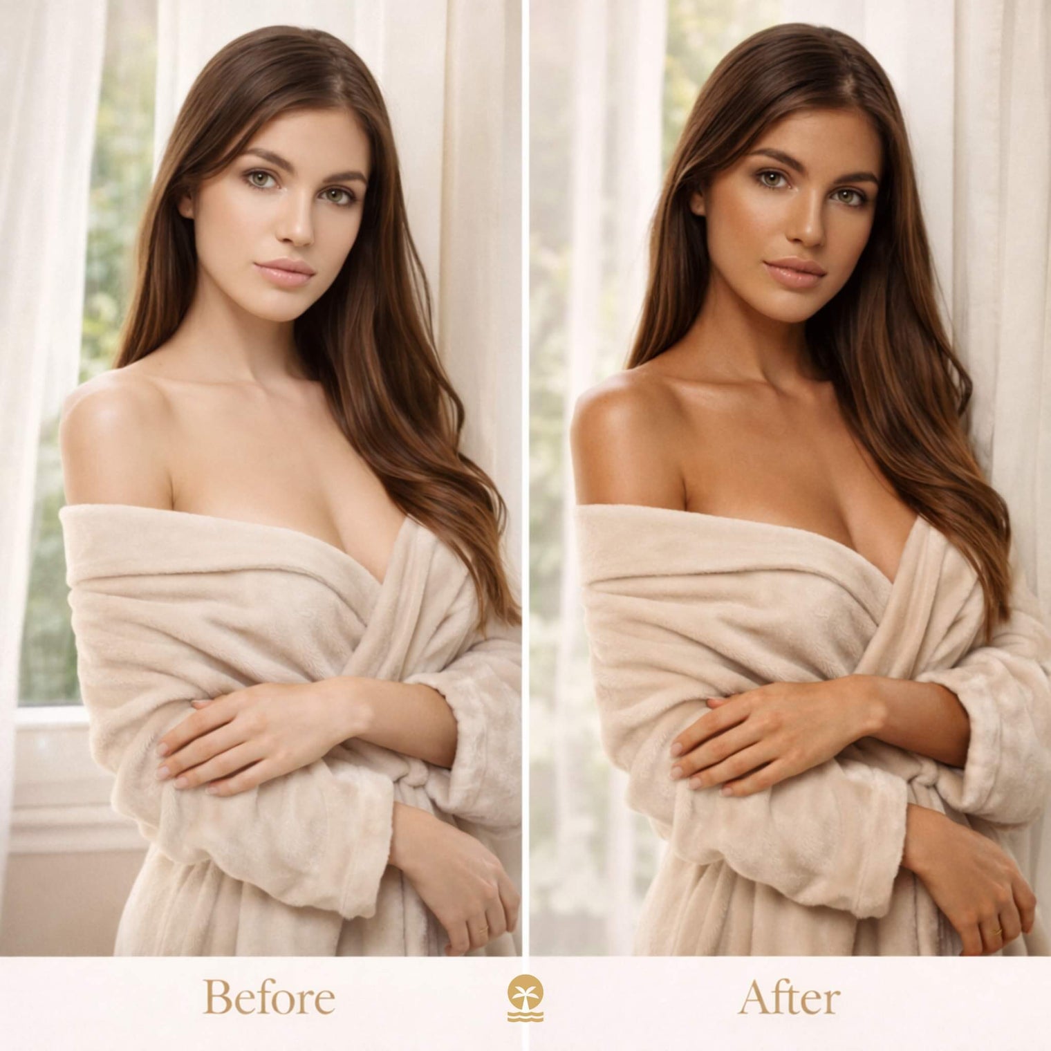 Before and after results using Venice Gold Premium Self Tanner showing natural-looking golden glow transformation