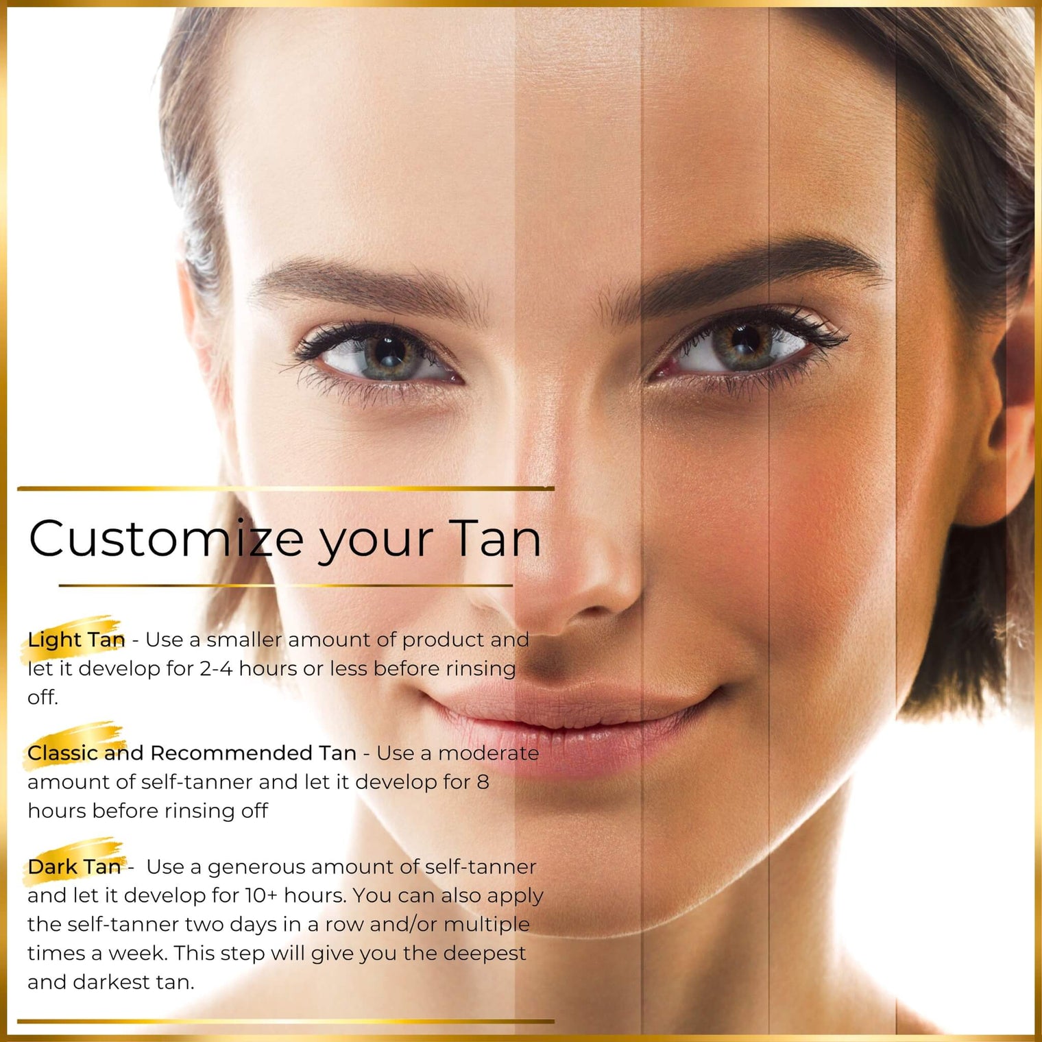 Venice Gold self tanner customizable tan shades from light to dark showing buildable sunless tanning results