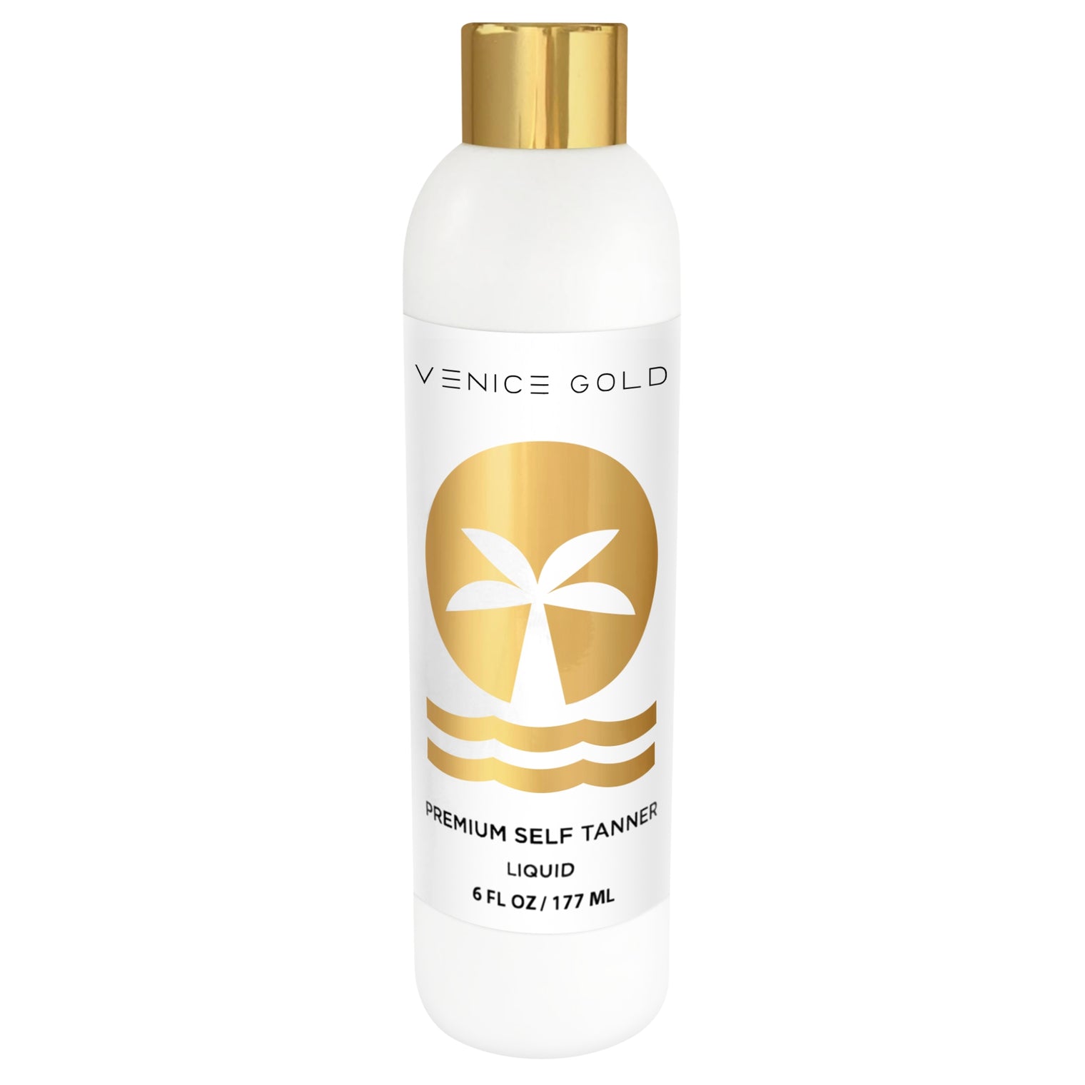 A bottle of Venice Gold Self Tanner featuring a white design with a gold cap. The label displays Venice Gold's logo which is a palm tree and waves, indicating it's a self tanning product in liquid form, 6 fl oz / 177 ml.