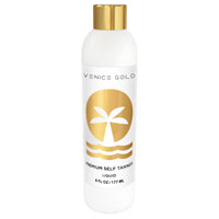 A bottle of Venice Gold Self Tanner featuring a white design with a gold cap. The label displays Venice Gold's logo which is a palm tree and waves, indicating it's a self tanning product in liquid form, 6 fl oz / 177 ml.