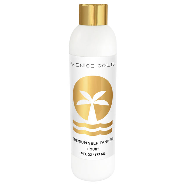 A bottle of Venice Gold Self Tanner featuring a white design with a gold cap. The label displays Venice Gold's logo which is a palm tree and waves, indicating it's a self tanning product in liquid form, 6 fl oz / 177 ml.