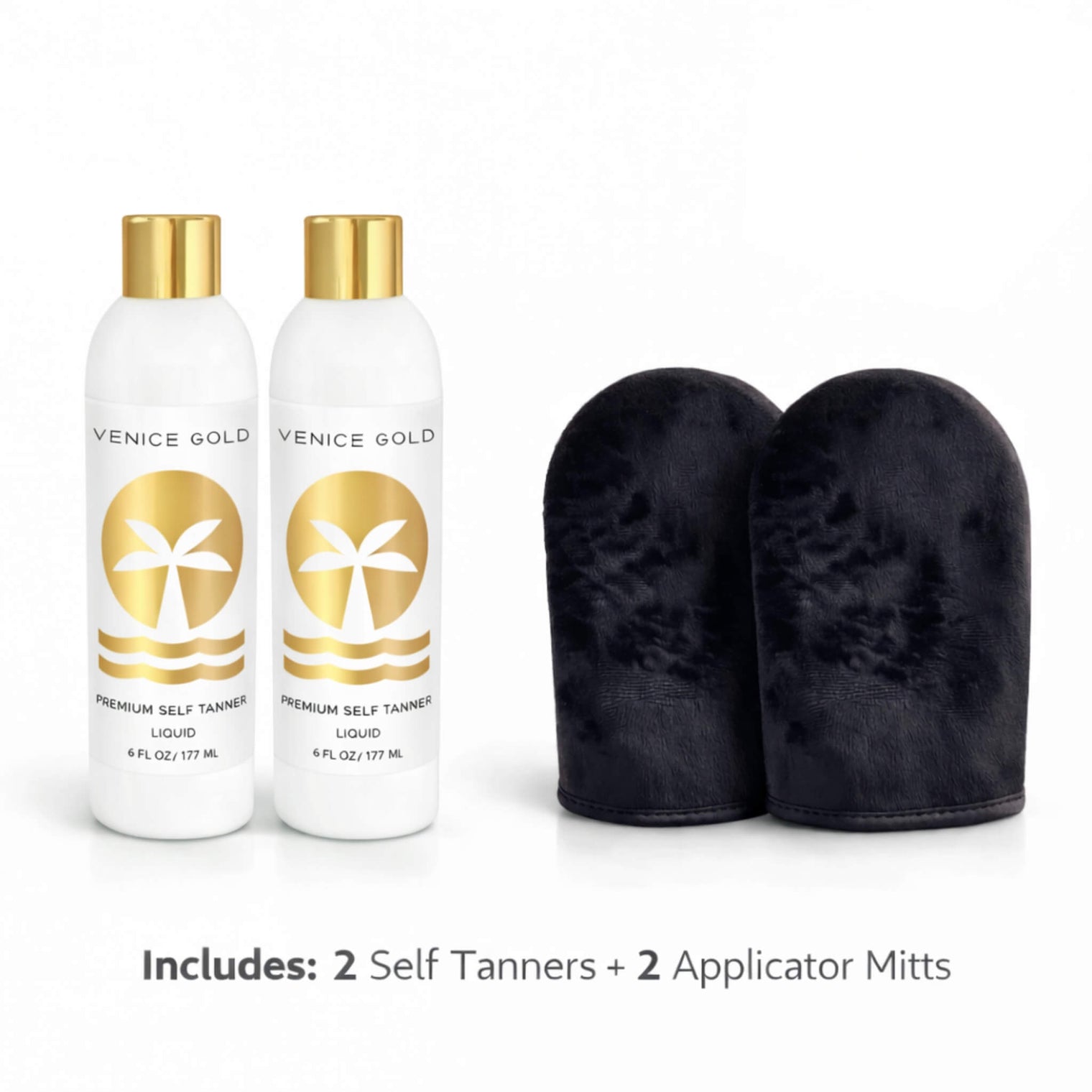 Venice Gold Self Tanner set featuring two premium self tanners and applicator mitts, often considered among the best self tanners for a natural-looking, streak-free glow