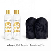 Venice Gold Self Tanner set featuring two premium self tanners and applicator mitts, often considered among the best self tanners for a natural-looking, streak-free glow