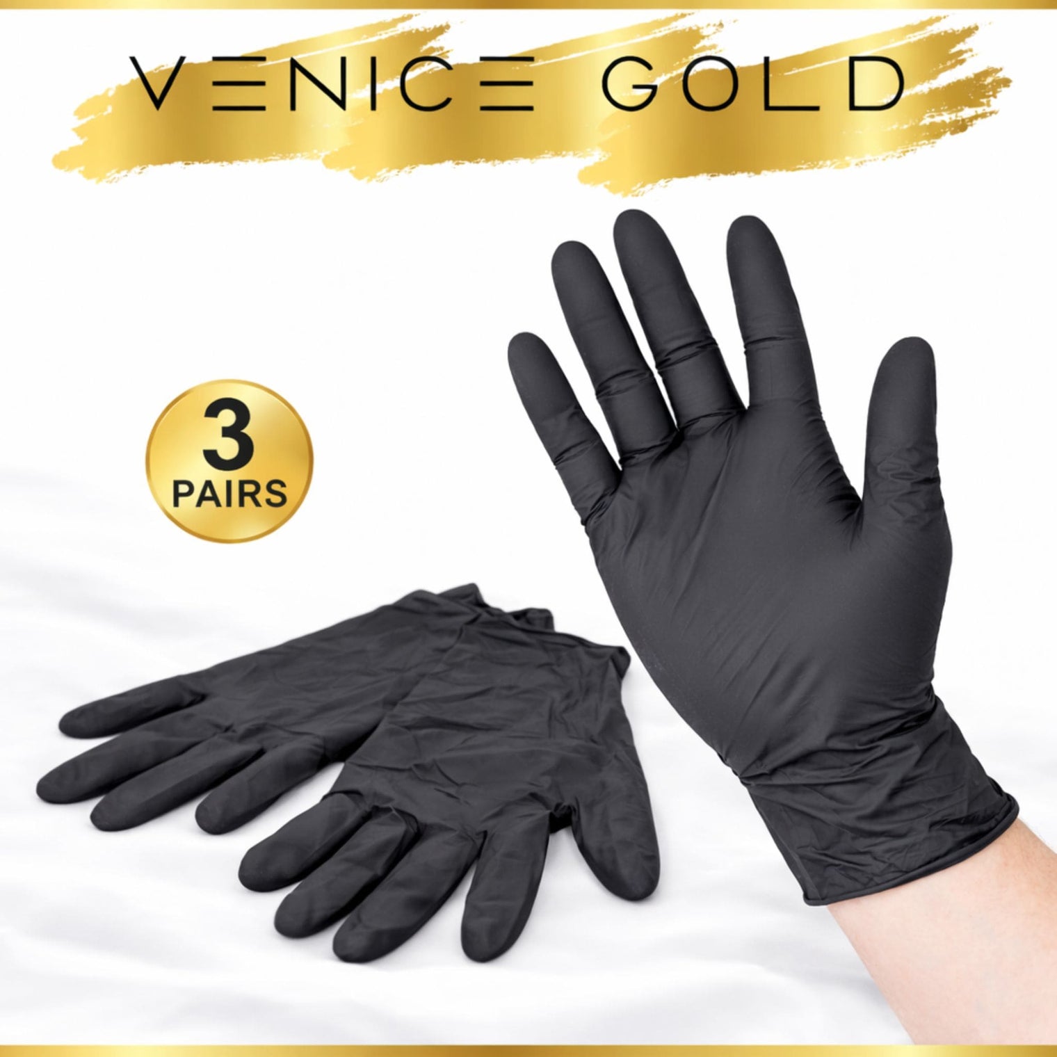 Black gloves with 'Venice Gold' branding and a label indicating 3 pairs on a white background.