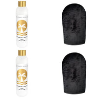 Venice Gold classic bundle featuring two Self Tanner bottles and two black self-tanning applicator mitts for streak-free face and body tanning