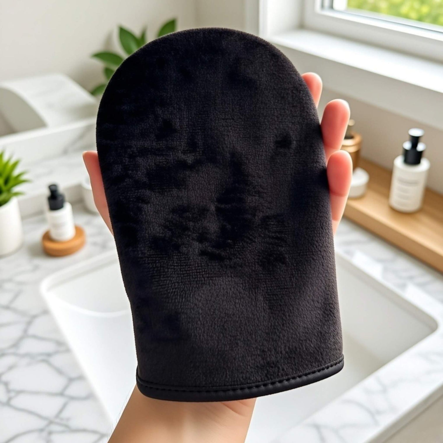 tanning mitt in hand showing soft velvet texture
