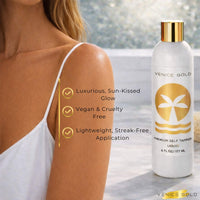 Venice Gold Premium Self Tanner liquid bottle beside sun-kissed skin, highlighting a smooth, streak-free glow and vegan, cruelty-free formula.