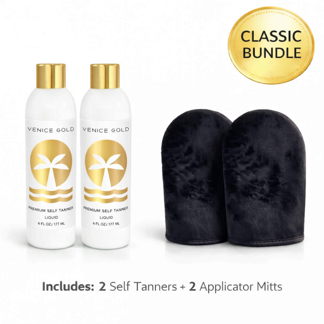 Venice Gold Self Tanner Classic Bundle featuring two premium self tanners and applicator mitts, often considered among the best self tanners for a natural-looking, streak-free glow