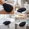Venice Gold exfoliating mitt shown in a four-image collage, featuring gentle body exfoliation, spa-style bathroom settings, and premium black textured fabric with hanging loop.